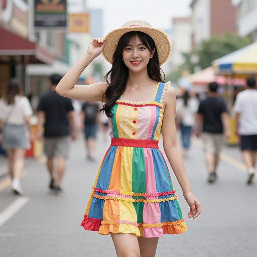 Asian woman with long black hair in colorful, striped sundress with red buttons and straw hat, smiling on a busy street. Photographic image.
