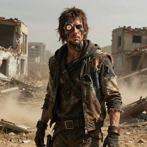 Photograph-style CGI of rugged, dirty man with wild hair, cyber-eye, torn jacket, and gloves, standing in a ruined, dusty urban landscape