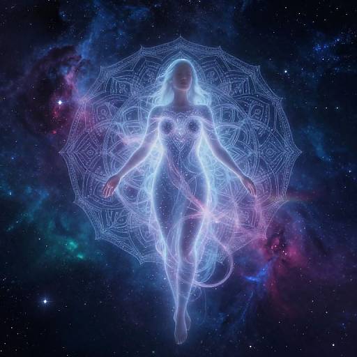 Digital artwork of a glowing, ethereal woman with flowing hair, illuminated by intricate, mandala-like patterns, floating in a starry, cosmic background