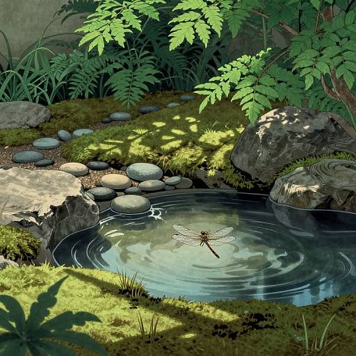 Digital illustration of a serene garden pond with ripples, a dragonfly, moss-covered rocks, and lush green foliage, bathed in sunlight.