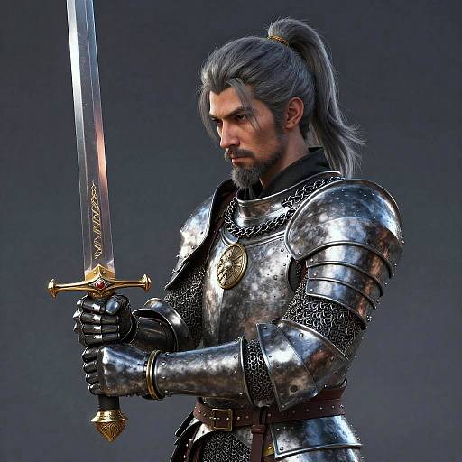 CGI image of a serious, bearded knight with gray ponytail, wearing shiny, ornate silver armor, holding a sword with a gold h