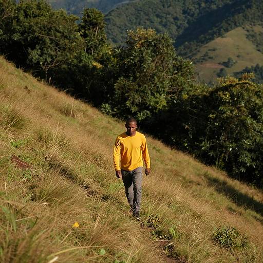Man Ascending a Grassy Mountain Hill