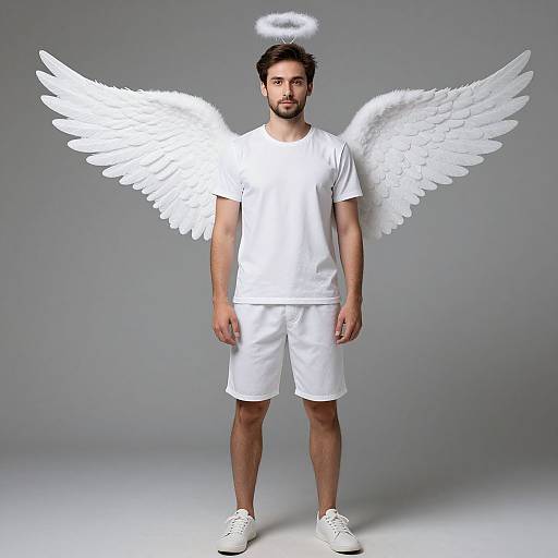 Photograph of a bearded man with white angel wings, halo, white t-shirt, shorts, and sneakers, standing against a gray background.