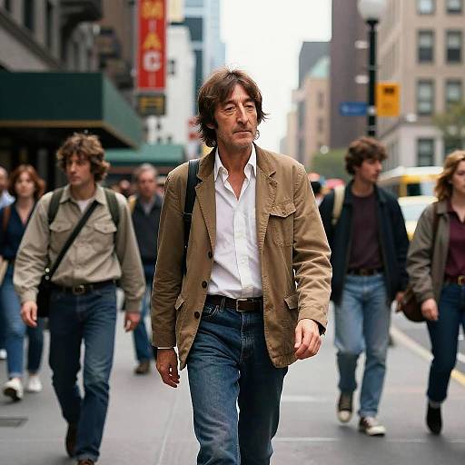 Photograph of a bearded man with shoulder-length brown hair, wearing a tan jacket and white shirt, walking on a busy urban street with blurred pedestrians