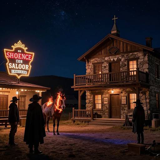 Nighttime photograph of a Western-style saloon with 