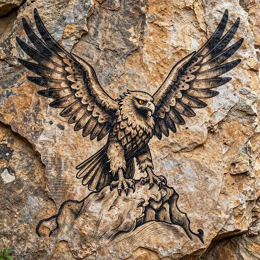 Black ink tattoo of an eagle with outstretched wings perched on rocky terrain, detailed feathers, and intense yellow eyes, on textured, weathered