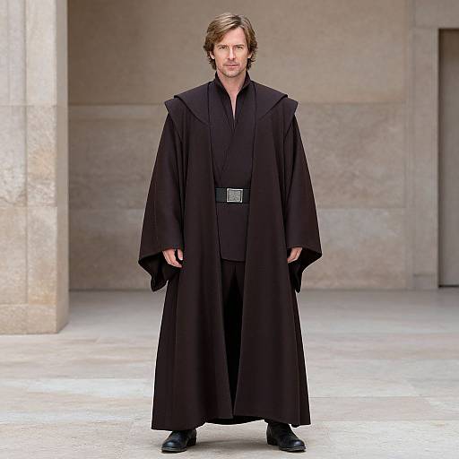 Photograph of a man with light brown hair, wearing a long black robe, black shirt, and belt, standing in a stone-walled corridor.