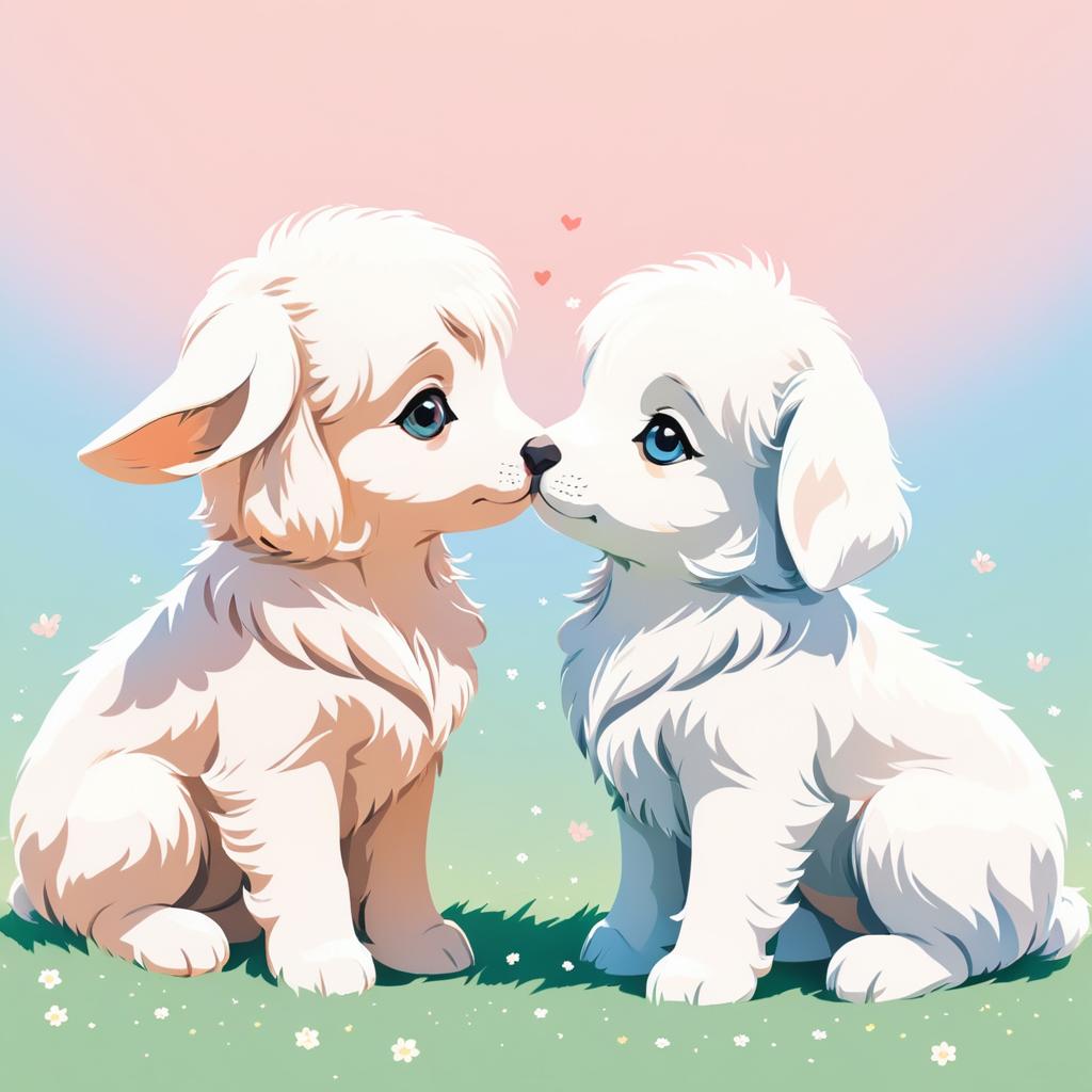 Anime Friendship: Lamb and Puppy Kissing