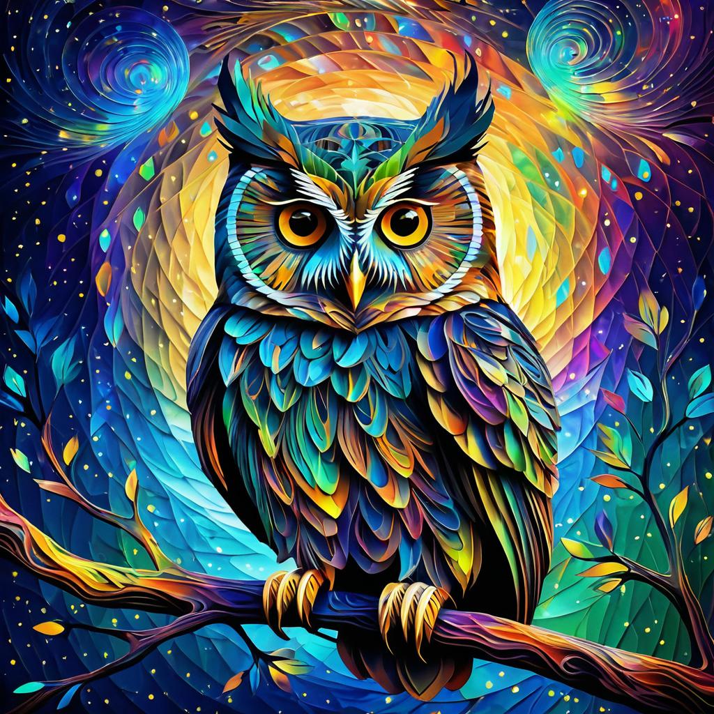 Vibrant Owl Hologram Inspired by Van Gogh