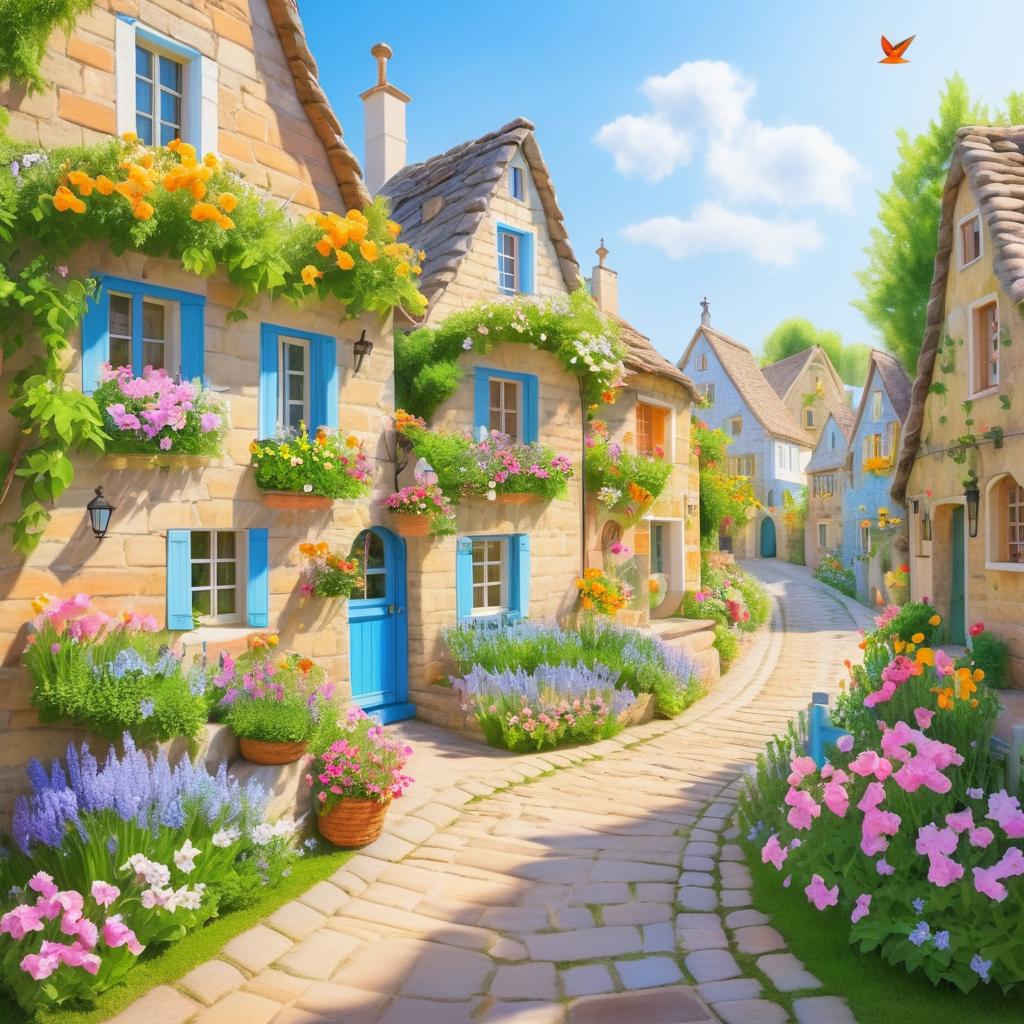 Charming Village Scene in Pastel Colors