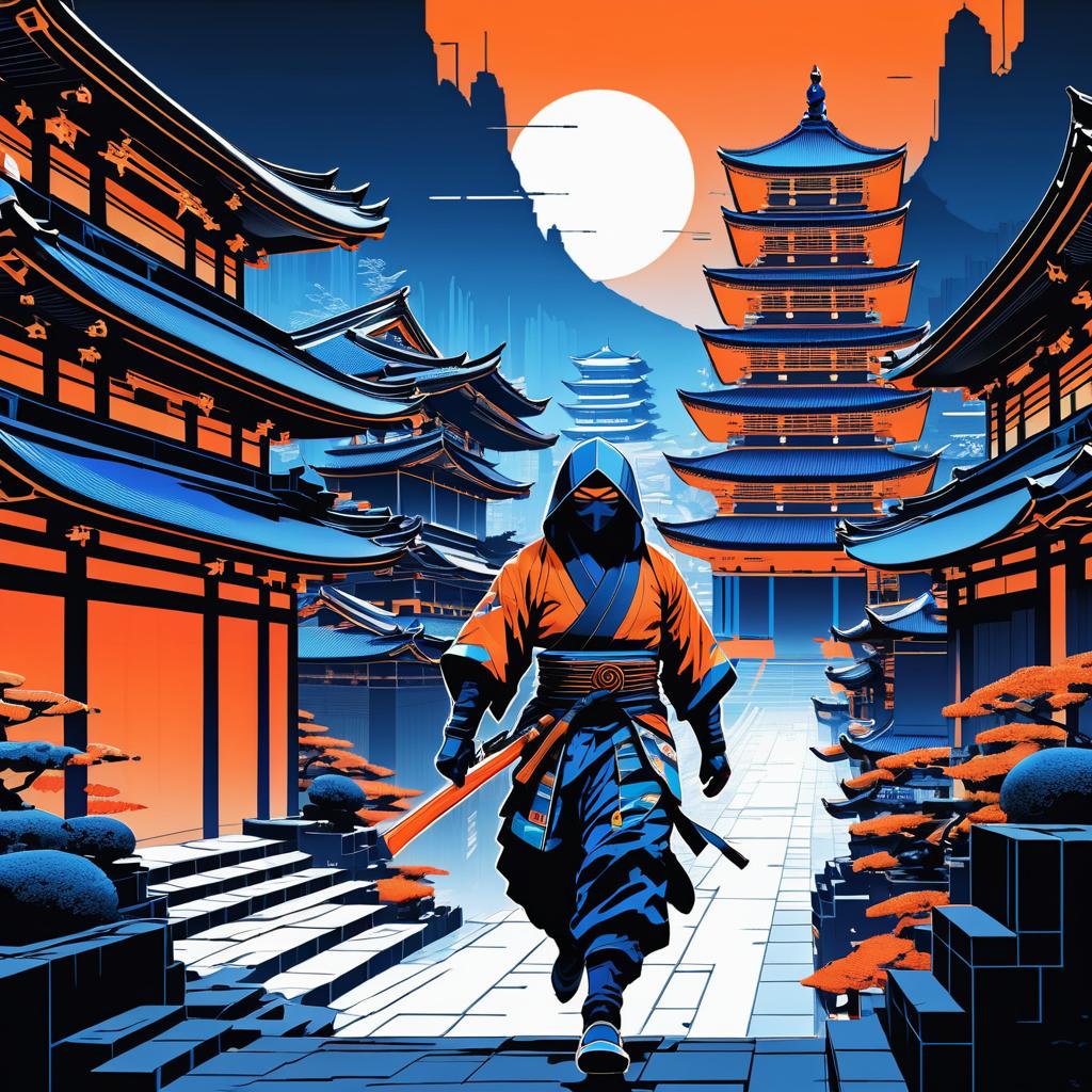 Cybernetic Ninja in Urban Ukiyo-e Scene