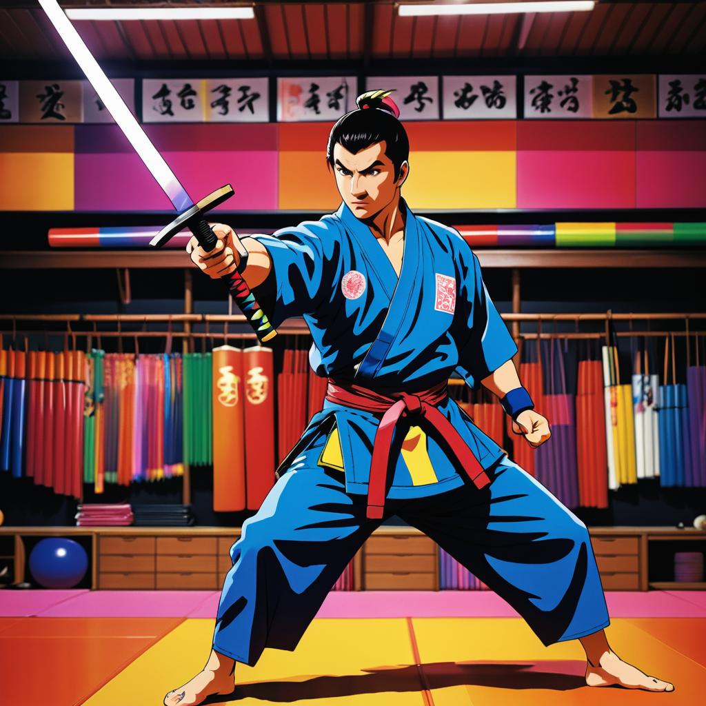 Dynamic Martial Artist in Vibrant Dojo