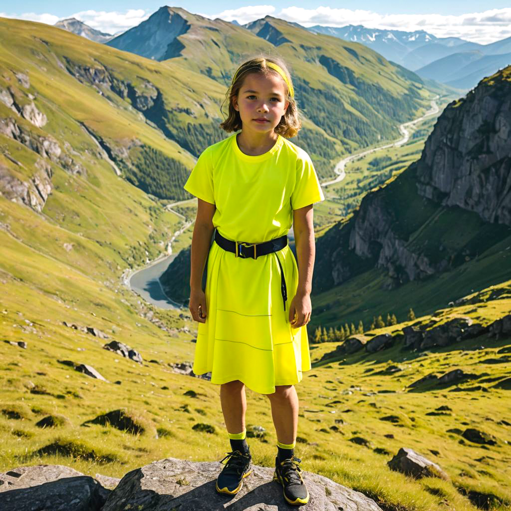 Athlete in Neon Yellow Dress at Mountains