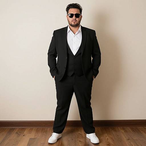 Photograph of a bearded man in a black suit, white shirt, black tie, black sunglasses, and white sneakers, standing against a plain white