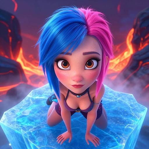 CGI anime-style girl with blue and pink hair, large eyes, and black lingerie, kneeling on glowing blue ice in fiery volcanic landscape.