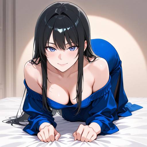 Young Woman in Blue Outfit on Bed