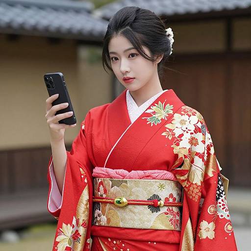 Woman in Red Gold Floral Kimono