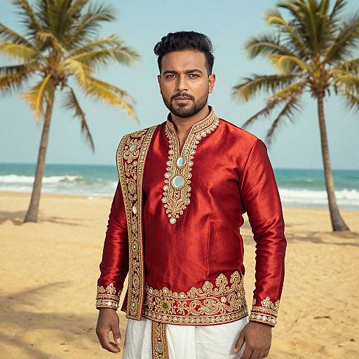 Photograph of a muscular, bearded South Asian man in a red and gold embroidered traditional outfit, standing on a sunny beach with palm trees and ocean