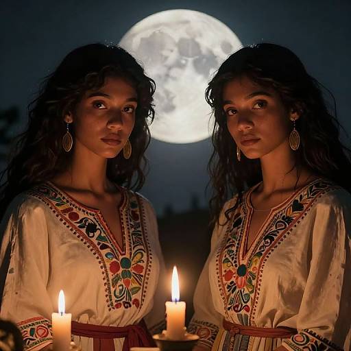 Photograph of two women with long, curly hair, wearing ornate, cream-colored dresses, holding candles, standing against a full moon at night.