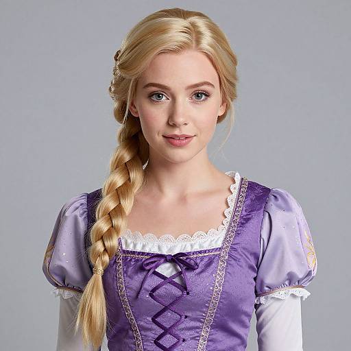Photograph of a young blonde woman with fair skin, blue eyes, and a long braid, wearing a purple medieval-style dress with white lace trim