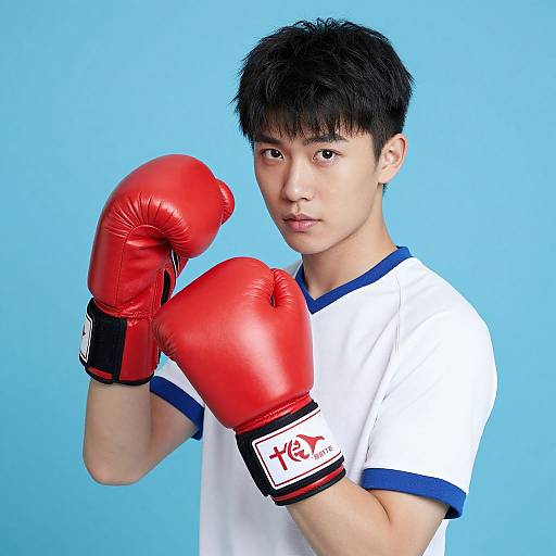 Young Asian man with black hair, wearing red boxing gloves and white shirt with blue trim, poses against a bright blue background. Photograph.