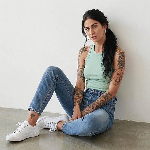 Tattooed Woman Sitting Against Wall