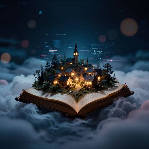 Digital artwork: A glowing, fairy-tale village with illuminated houses sits atop an open book, surrounded by fluffy clouds in a dark, starry night