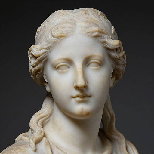Photograph of a classical marble bust of a serene, youthful woman with flowing hair, intricate headpiece, and calm expression, set against a dark background