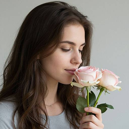 Photograph of a young woman with long dark brown hair, light skin, and closed eyes, gently smelling pink roses against a plain white background. She