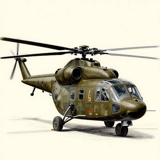 Photorealistic digital illustration of a green military helicopter with twin rotor blades, landing gear down, against a white background.