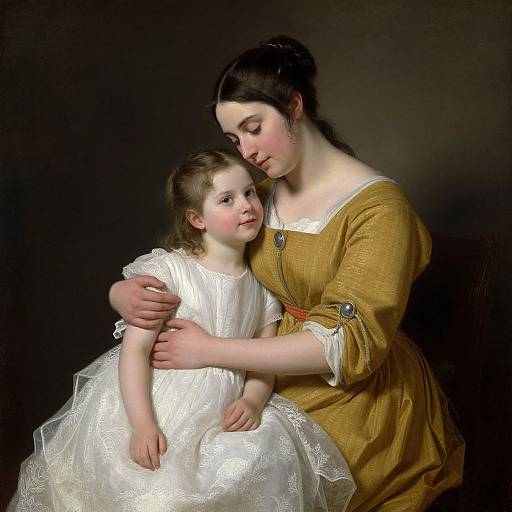 Photograph-style digital painting of a dark-haired mother in a mustard dress, gently embracing her young daughter in a white lace dress, against a dark background