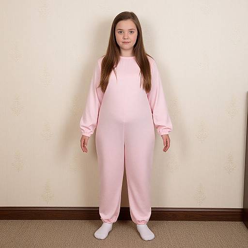 Photograph of a young girl with long brown hair, wearing a light pink, long-sleeve, pajama onesie and white socks, standing