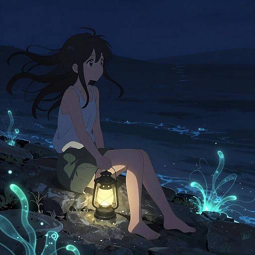 Anime Marine Girl on Rocky Shore