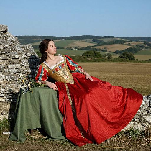 Medieval woman in vibrant red gown with gold and red sleeves, sitting against stone wall, green tablecloth, rolling countryside background.
