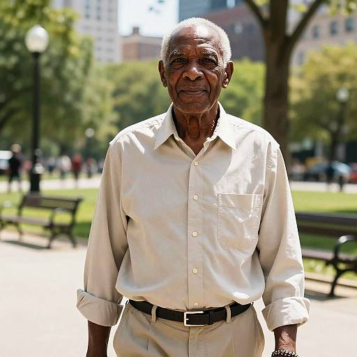 Photograph of an elderly Black man with short gray hair, wearing a beige long-sleeve shirt and beige pants, standing in a sunny park with