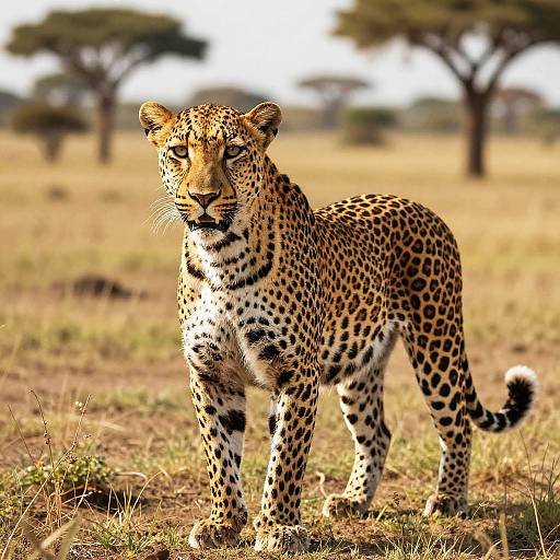 Yellow-Gold Leopard in Sunlit Savannah