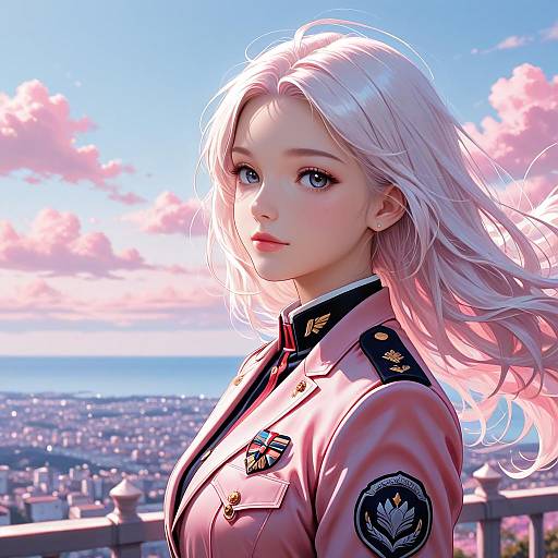 Digital anime-style portrait of a fair-skinned, blonde woman in a pink military uniform with gold accents, standing on a rooftop overlooking a cityscape under