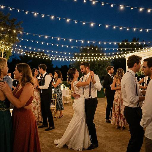 Photograph of a nighttime wedding reception with string lights, a couple dancing in the center, guests in formal attire, and a dark blue sky background.
