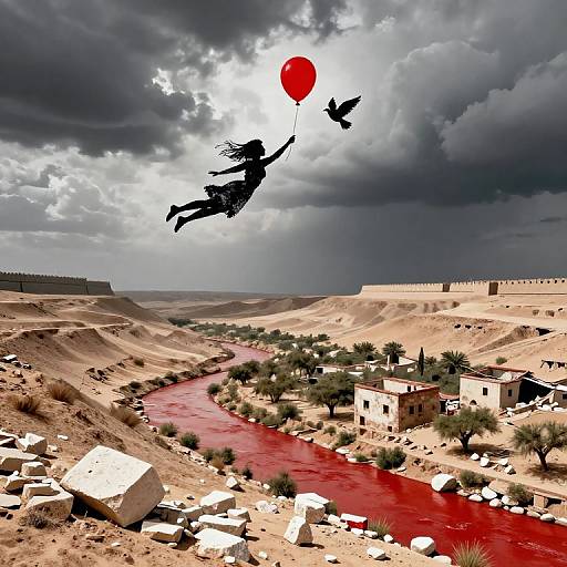 Silhouetted woman with flowing hair and balloon flying above desert village with red river, under stormy sky; digital art.