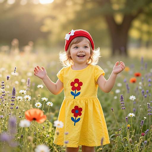 Photograph of a smiling toddler girl in a yellow dress with red flower embroidery, red beanie with white flower, standing in a sunlit meadow