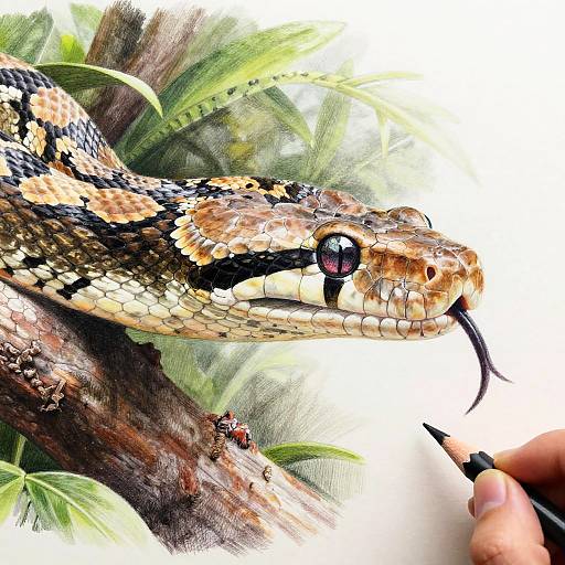 Close-up digital drawing of a detailed, colorful snake with black, orange, and brown scales, coiled on a tree branch, with a person's