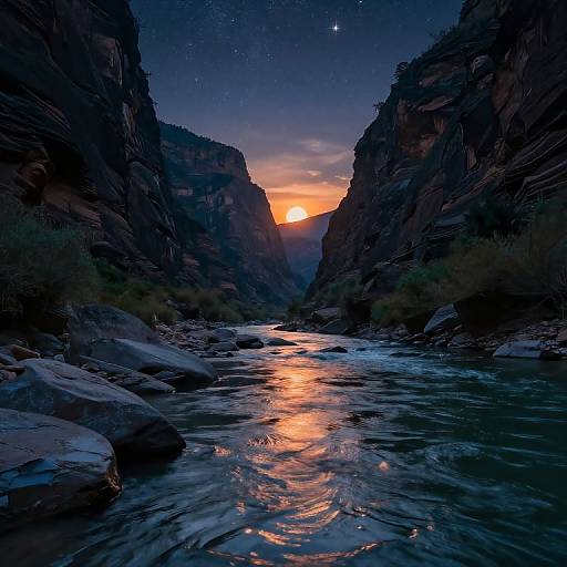 Photograph of a narrow, rocky canyon at dusk with a vibrant orange sunset, reflective river, and starry night sky.