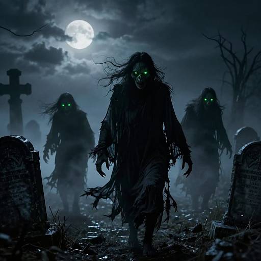 Ghouls Rising in Misty Graveyard