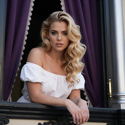 Blonde Woman Leaning on Ornate Window Frame