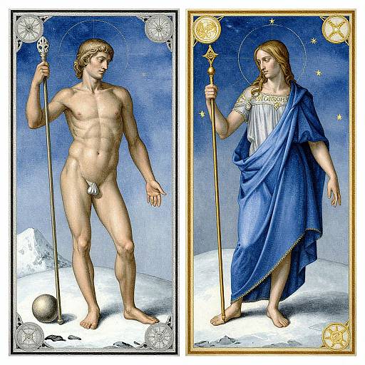 Side-by-side medieval illustrations: Nude, muscular male with staff, exposed genitals, blue sky background; clothed female with blue robe, halo, golden