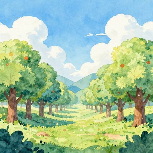 Watercolor painting of a sunny orchard with green trees bearing orange fruit, blue sky, white clouds, and distant mountains.