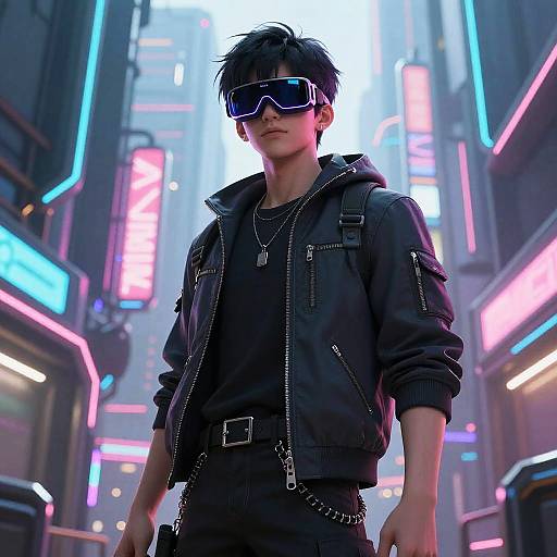 Digital artwork of a stylish young man in a neon-lit urban alley, wearing a black leather jacket, sunglasses, and chain accessories.