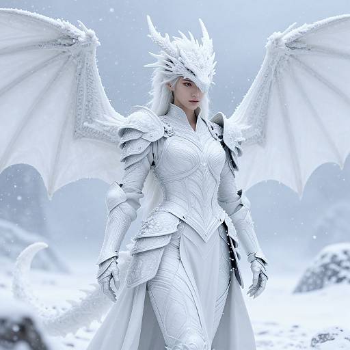 Digital artwork of a white-haired, white-armored, dragon-winged female warrior standing in a snowy landscape, exuding strength and ethereal beauty.