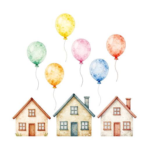 Bright Balloons Over Pastel Houses