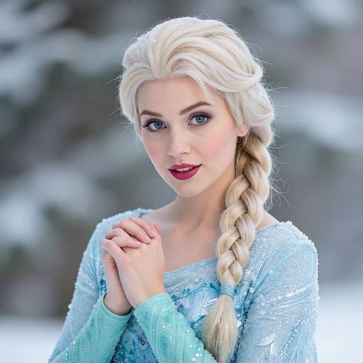 Digital artwork of Elsa from Frozen, with long blonde braid, light blue frosty dress, hands clasped, smiling, snowy background.